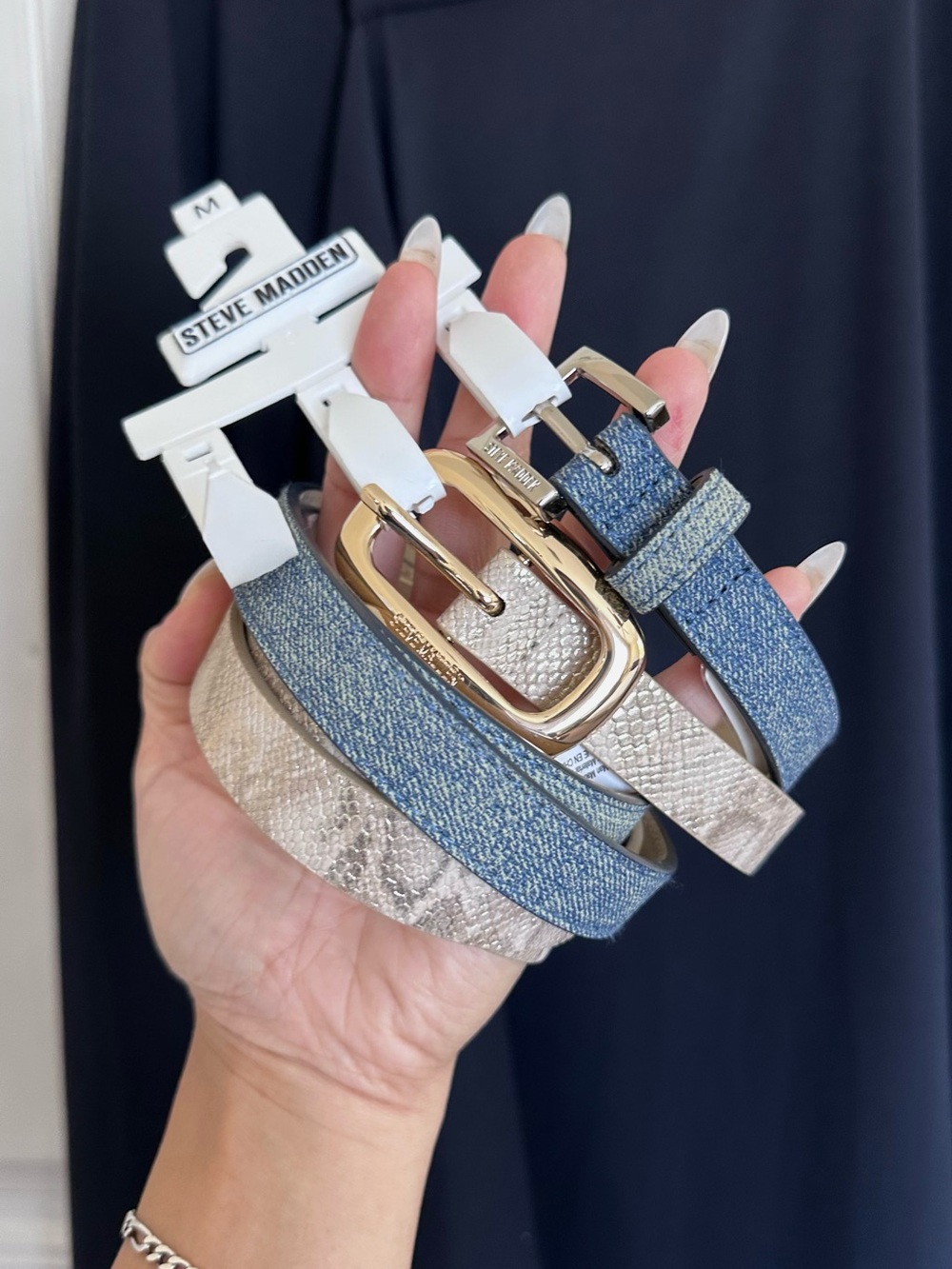 Steve Madden Women's Metallic Snake & Denim Dual-Color Belt Set- Brand new!✨Med